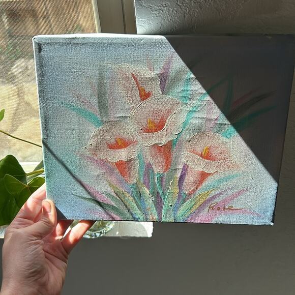 Original acrylic Painting- pink Callie Lillie’s - unframed, vintage wear, damage - Picture 14 of 14